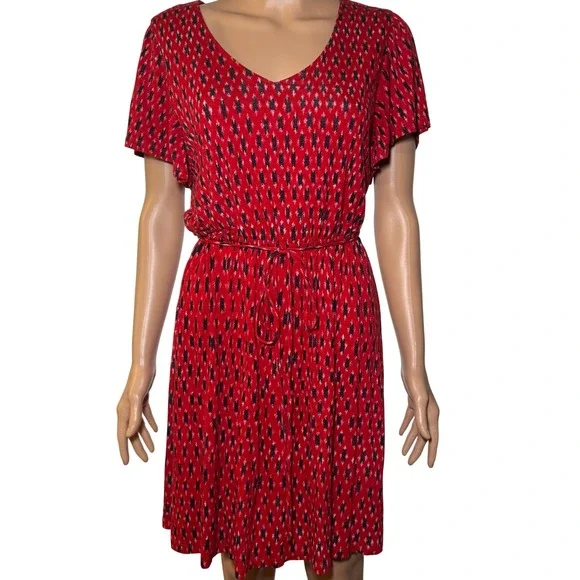 LOFT Red Ikat Print Flutter Sleeve V Neck Tie Waist Dress Women's Size S - Picture 1 of 7